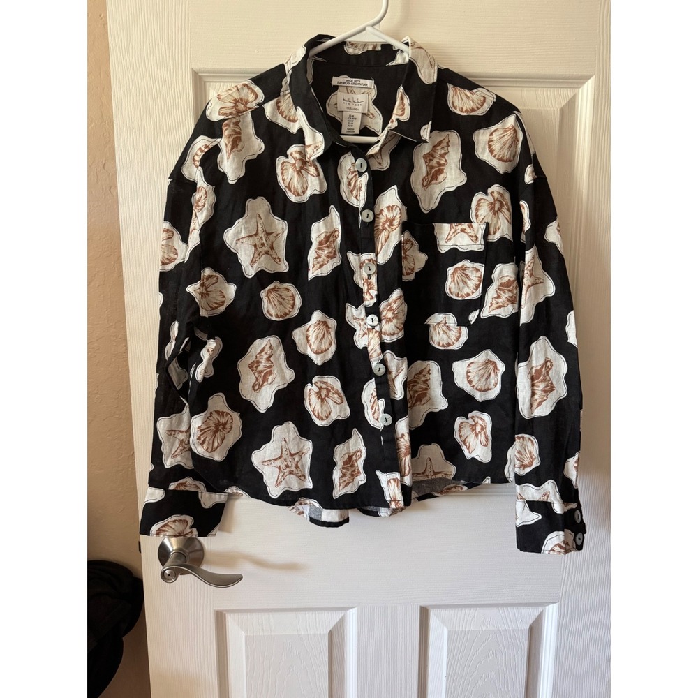 NWT Nicole Miller Linen Button Up Blouse Size Medium‎